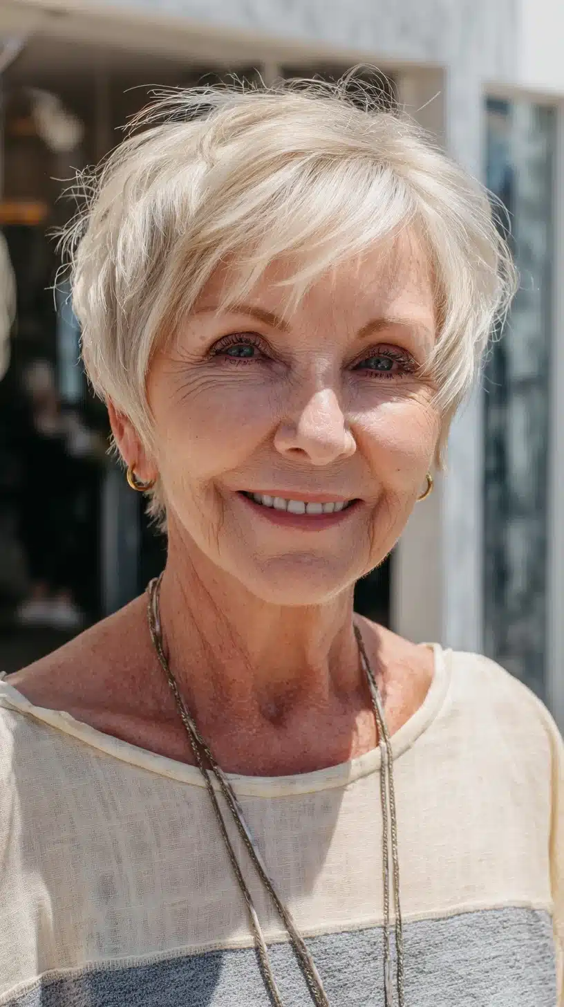 52 Perfect Pixie Haircuts for Women Over 70 to Pull Off 13 Platinum Feathered Pixie with Wispy Side Fringe