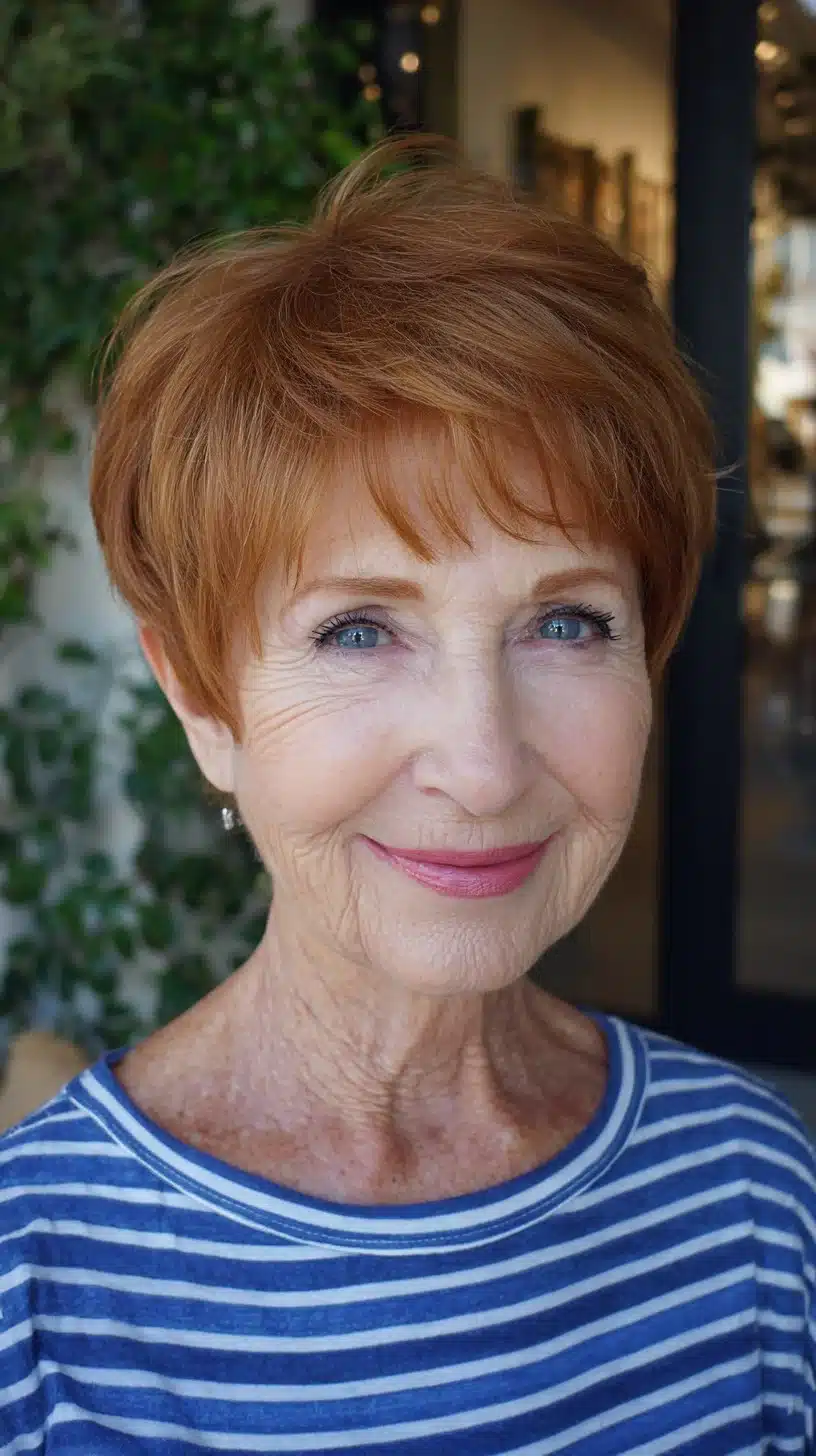 52 Perfect Pixie Haircuts for Women Over 70 to Pull Off 15 Short Copper Pixie with Feathered Crown and Micro-Bang