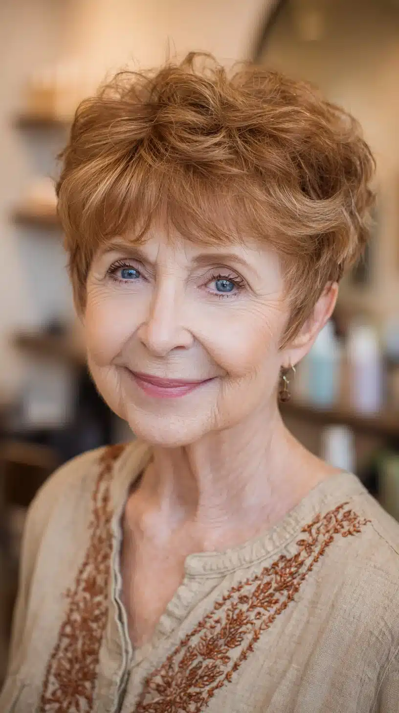 52 Perfect Pixie Haircuts for Women Over 70 to Pull Off 16 Warm Copper Feathered Pixie with Soft Micro-Fringe and Crown Texture