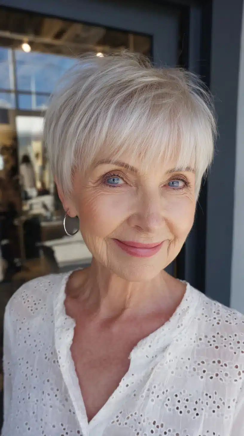 52 Perfect Pixie Haircuts for Women Over 70 to Pull Off 17 Platinum Feathered Pixie with Lifted Crown and Soft Taper