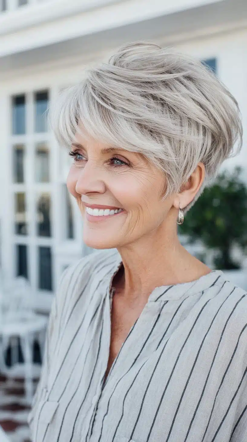 52 Perfect Pixie Haircuts for Women Over 70 to Pull Off 19 Soft Silver Layered Pixie with Elevated Crown and Slanted Fringe