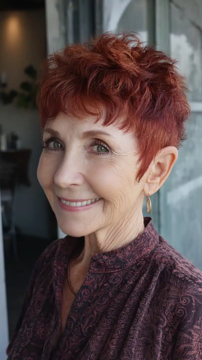 52 Perfect Pixie Haircuts for Women Over 70 to Pull Off 24 Short Rust Red Choppy Pixie with Wispy Micro-Fringe