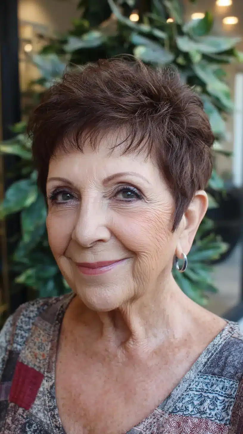 52 Perfect Pixie Haircuts for Women Over 70 to Pull Off 4 Chestnut Pixie with Choppy Top and Low Tapered Nape
