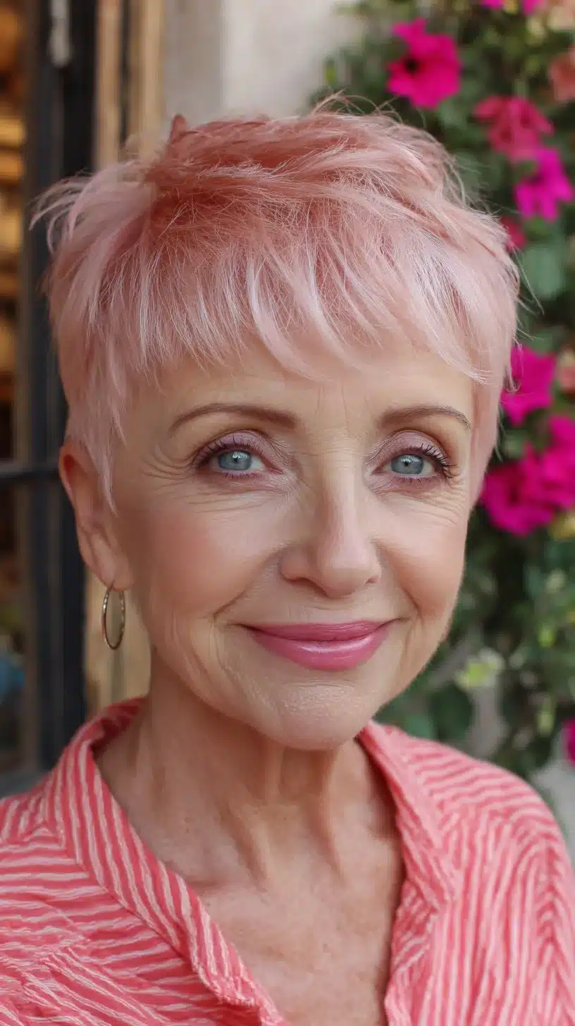 52 Perfect Pixie Haircuts for Women Over 70 to Pull Off 5 Light Rose-Pink Short Pixie with Choppy Fringe and Airy Crown